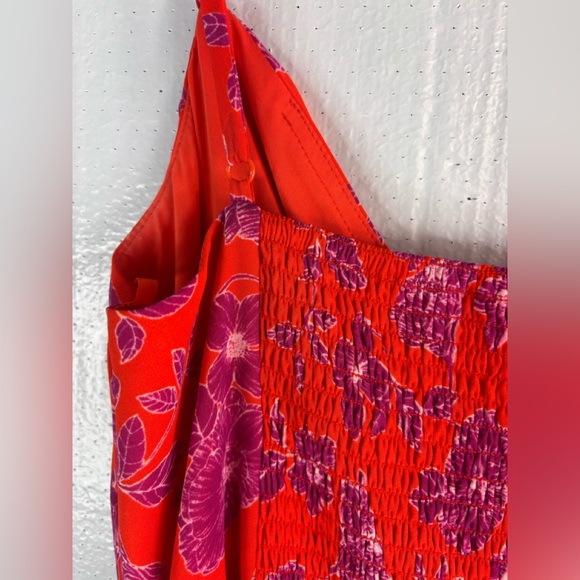 Eliza J 12 Summer HOT Ruffle Midi Orange Red and Purple Aloha Floral Midi Dress - Picture 6 of 9